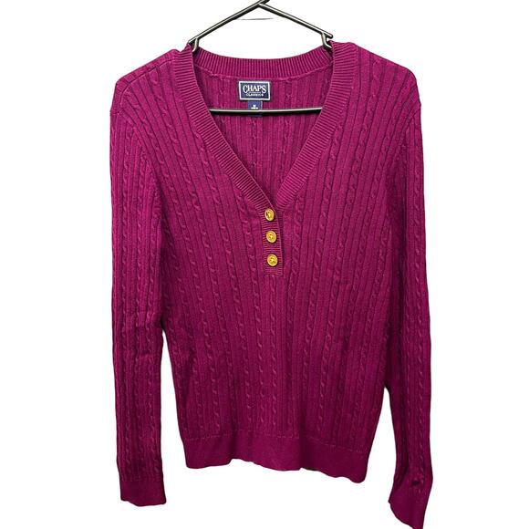 Chaps‎ Cable Knit Sweater Womens Medium V-Neck Long Sleeve Pullover Purple - Picture 1 of 9